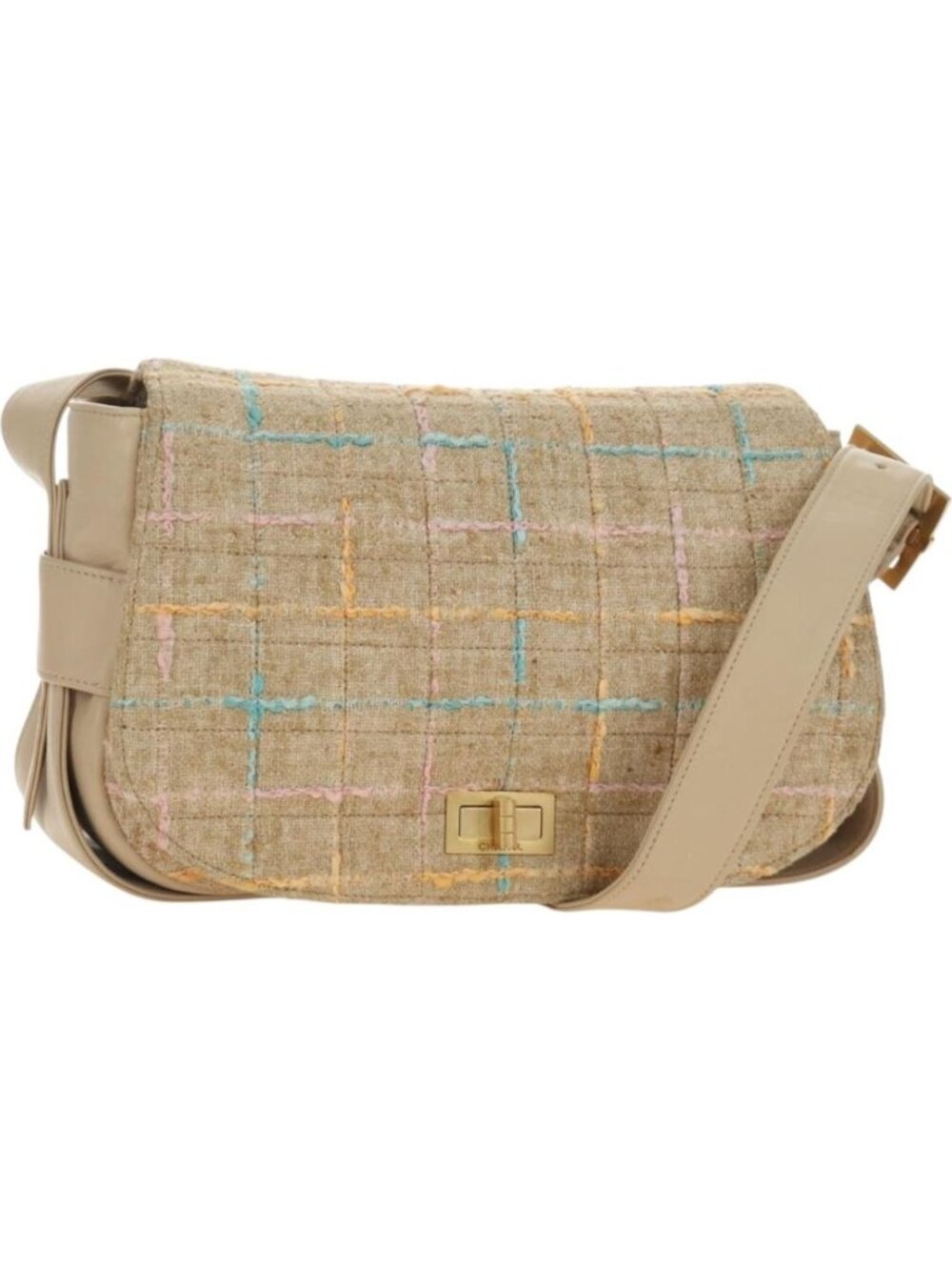 CHANEL 2.55 Shoulder Bag Tweed Beige Gold CC